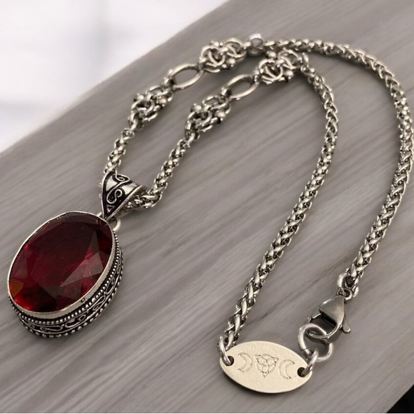 925 sterling silver overlay charm red garnet cz stone stainless steel necklace - Picture 2 of 16